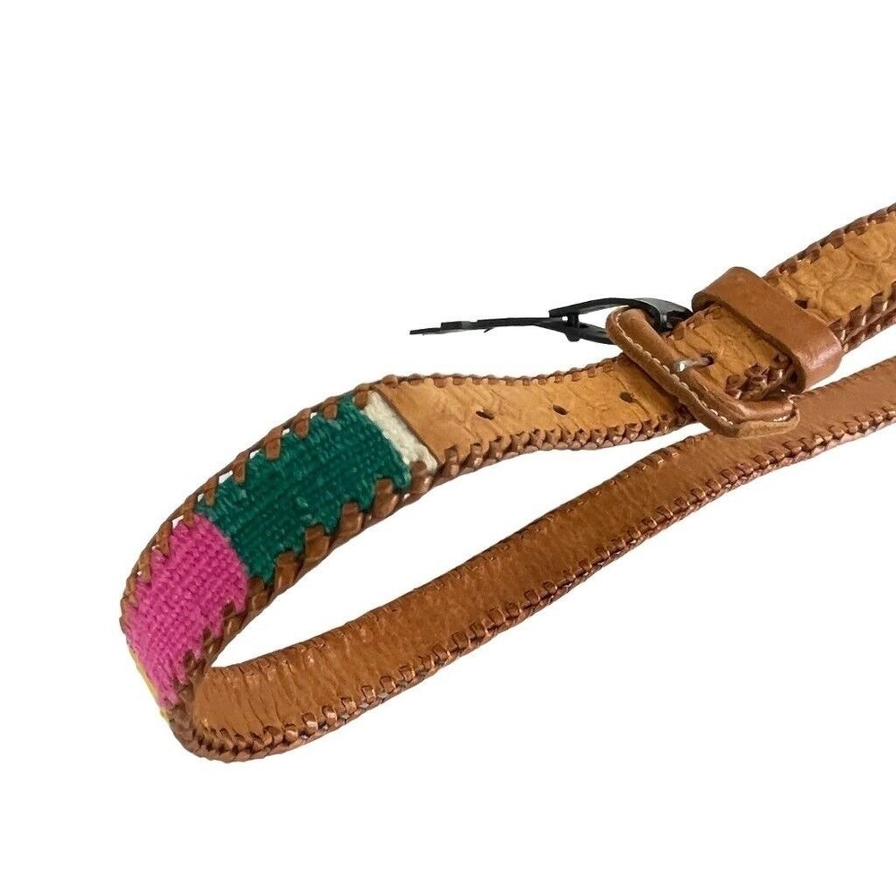 Tooled Leather & Elastic Woven Women's Belt Rainbow Color Fits Medium~Large - Picture 7 of 12